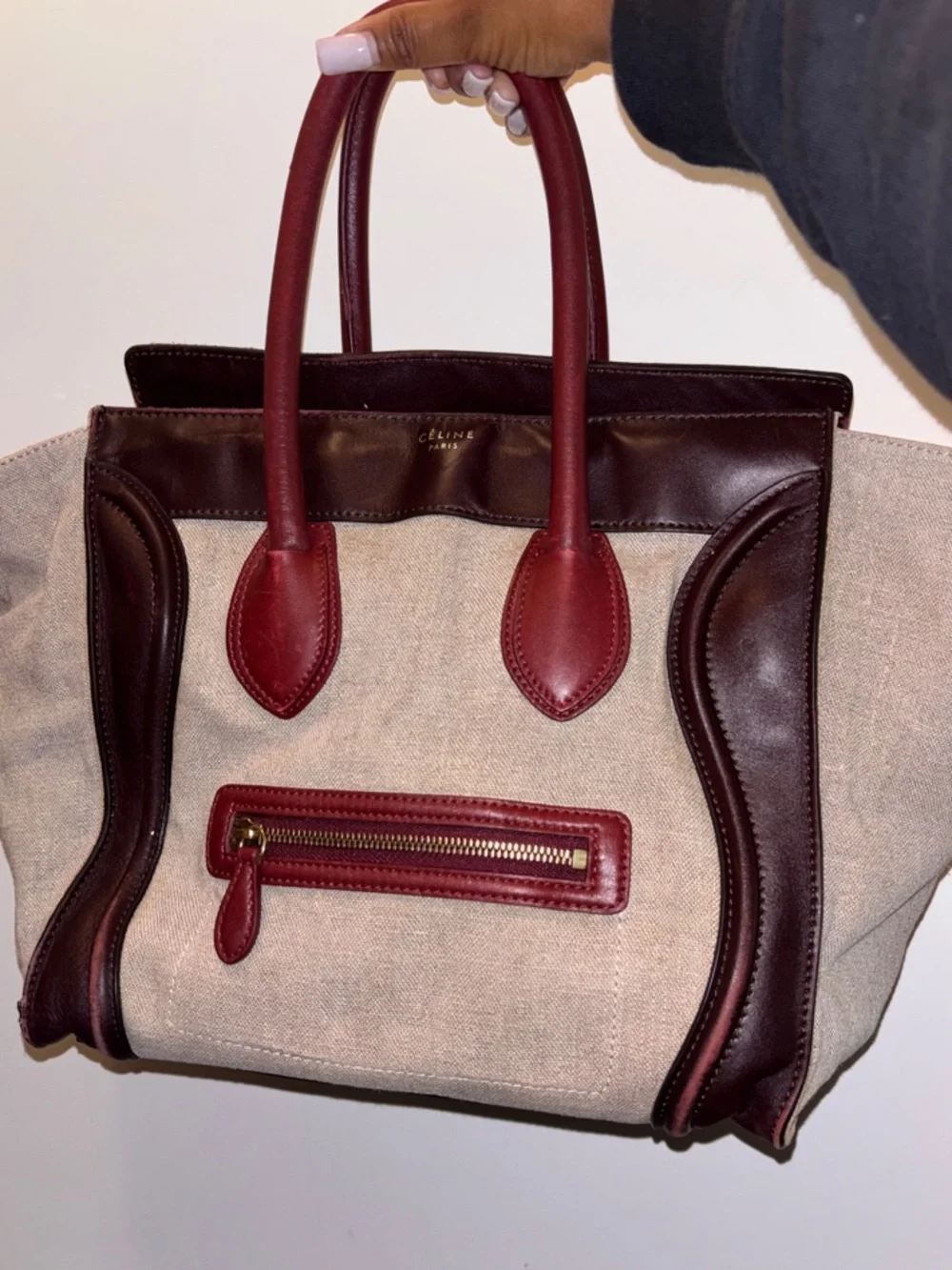 Celine Beige Canvas Tote with Burgundy and Dark Brown Leather Trim - Picture 10 of 10